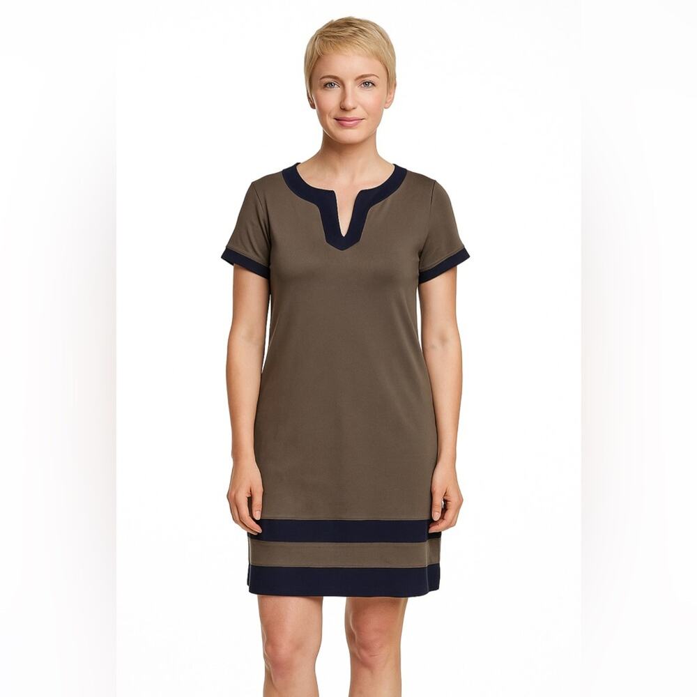 Tommy Hilfiger Womens Contrast Trim Shift Dress Taupe Navy Size Large